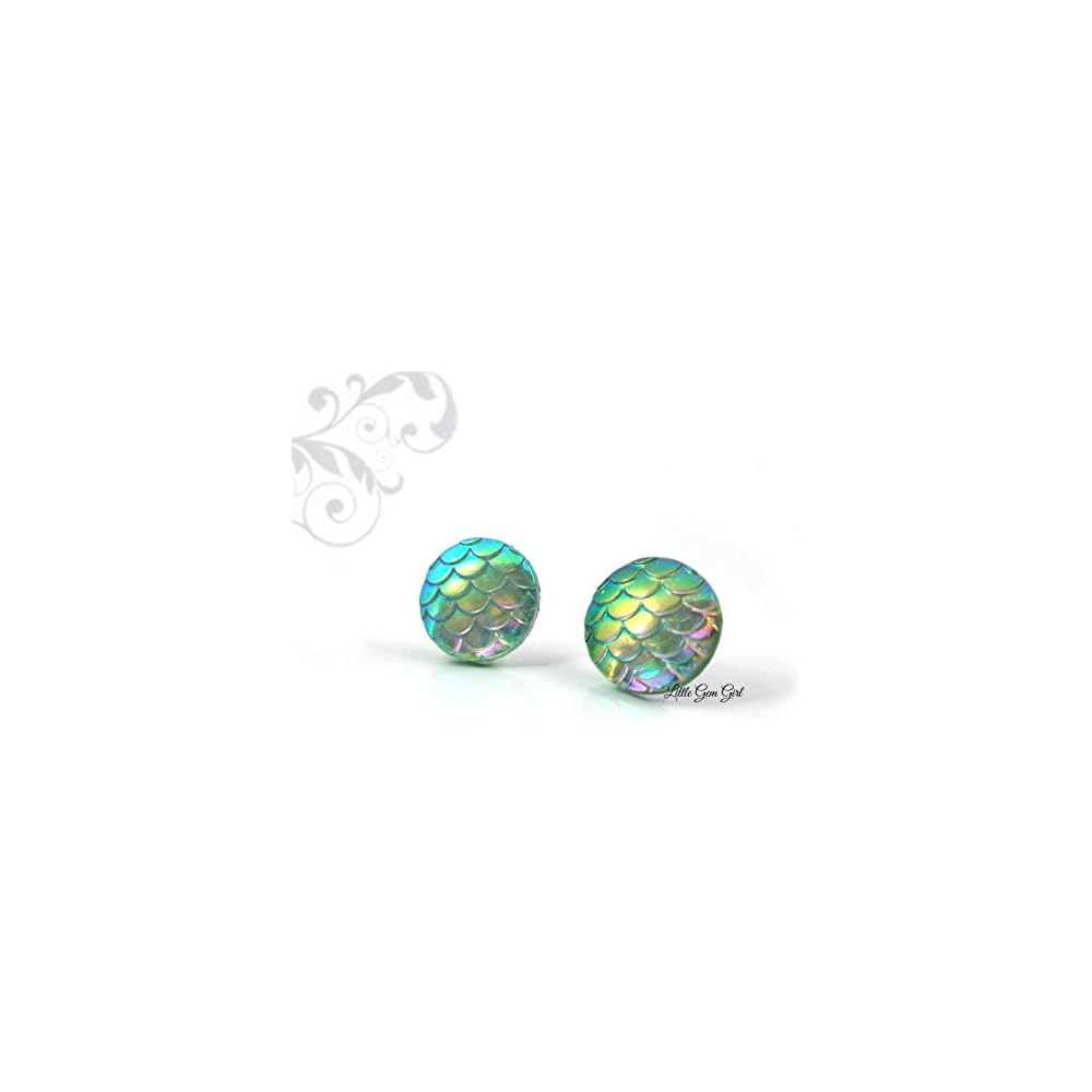 Mint Green Iridescent Rainbow Mermaid Scale Stud Earrings 12mm