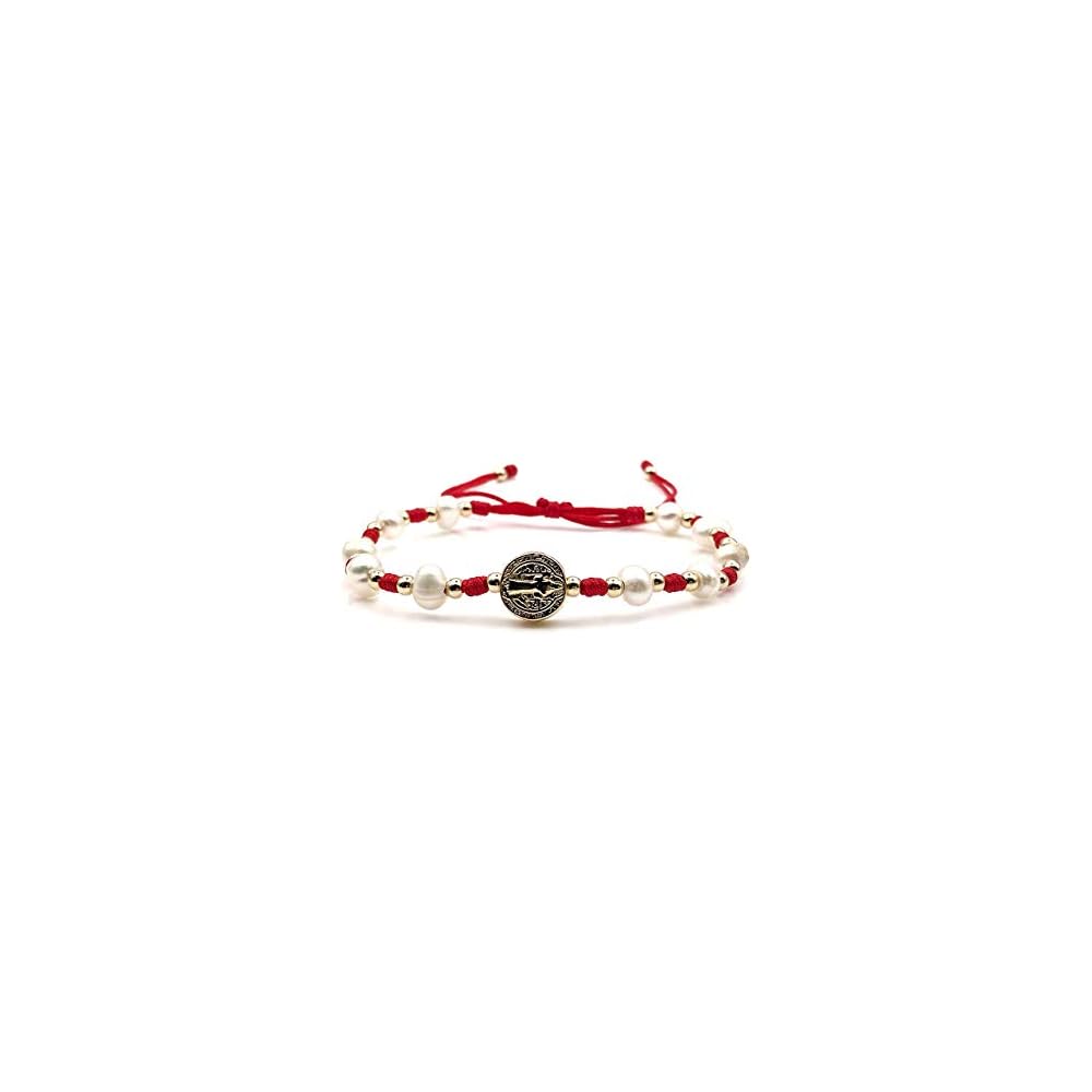 Cultured Freshwater Pearl Bracelet With St Benedict Medal on Adjustable Red String for Women