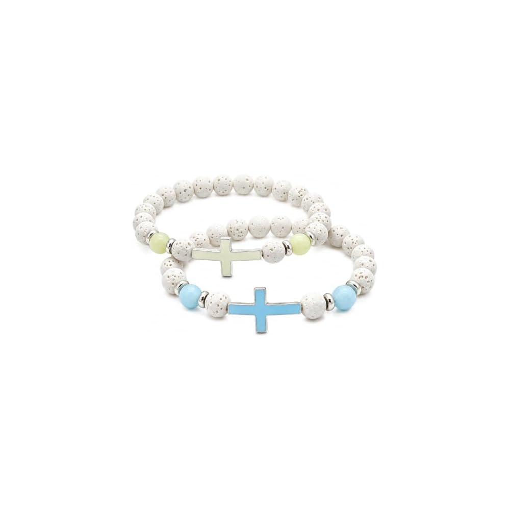 2-Pack Men's Cross Bracelet, Handmade Glow Lava Stone Beaded Set