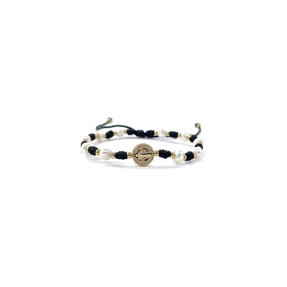 Cultured Freshwater Pearl Bracelet With St Benedict Medal on Adjustable Red String for Women