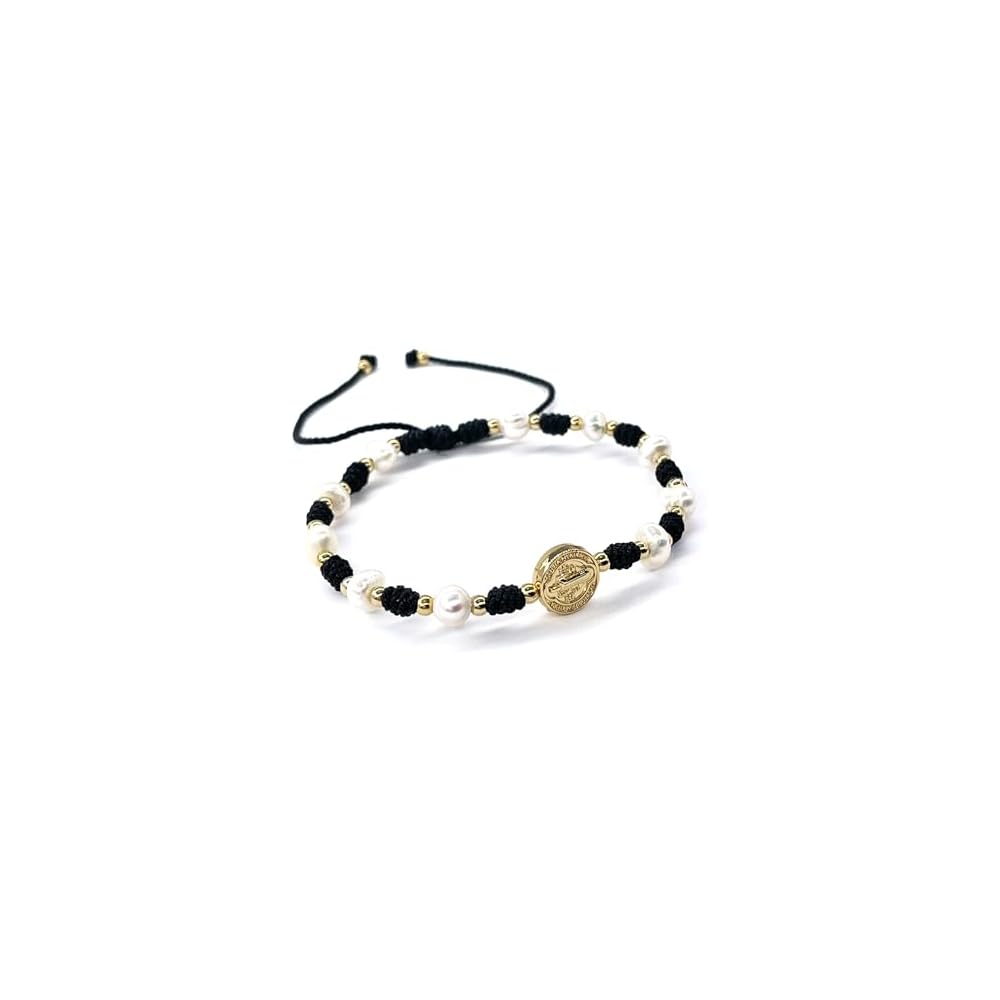 Cultured Freshwater Pearl Bracelet With St Benedict Medal on Adjustable Red String for Women
