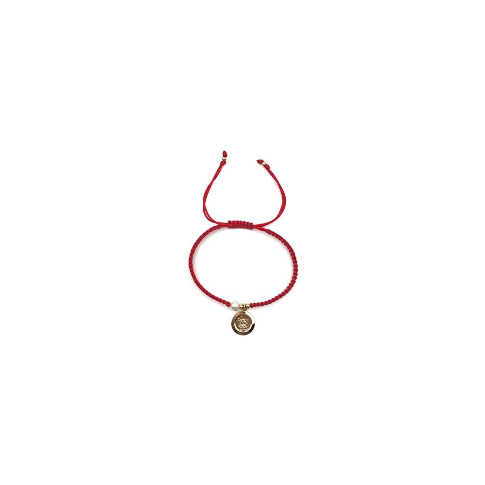 Handwoven Red Thread with Saint Michael Archangel Medal and Cultured Fresh Water Pearl - Catholic Protection Bracelet Adjustable Size for Women