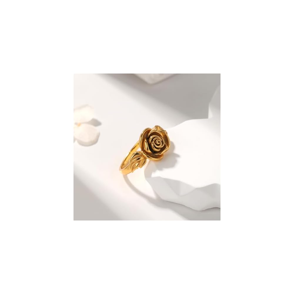Rose Flower Ring – 18K Gold Plated Women’s Ring, Romantic Floral Jewelry, Vintage Rose Design, Elegant Promise Anniversary Jewelry Birthday or Valentine’s Day Gift for Her
