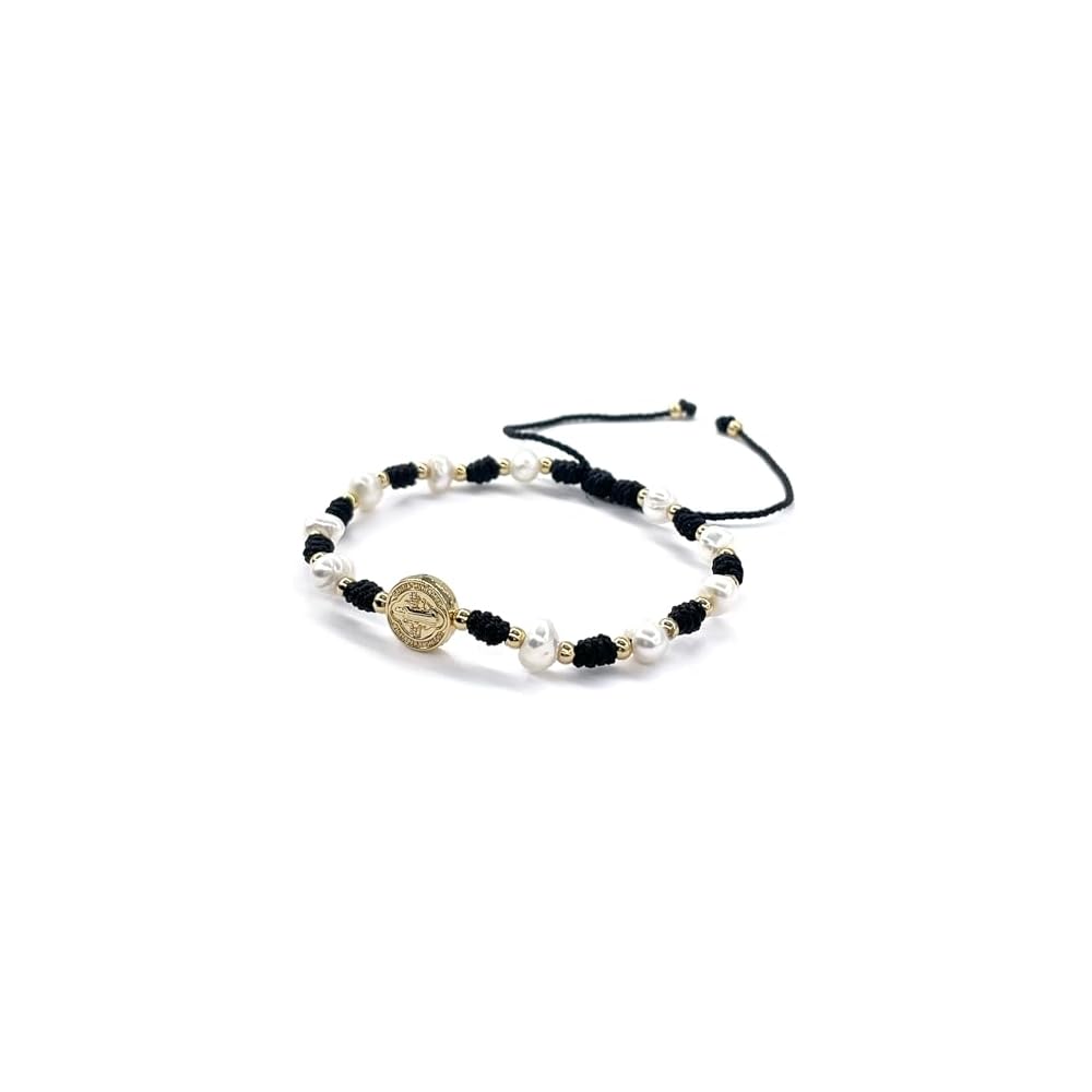 Cultured Freshwater Pearl Bracelet With St Benedict Medal on Adjustable Red String for Women