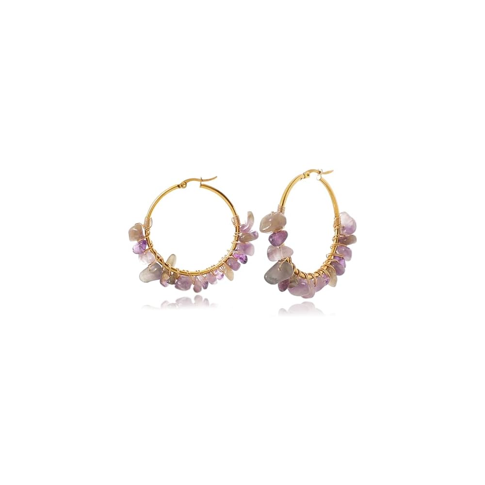 Handmade Crystals Earrings for Women 14K Gold-Plated Wire Wrapped Healing Tumbled Stone Eardrop Earrings Boho Natural Raw Amethyst Earrings Healing Crystals Earrings