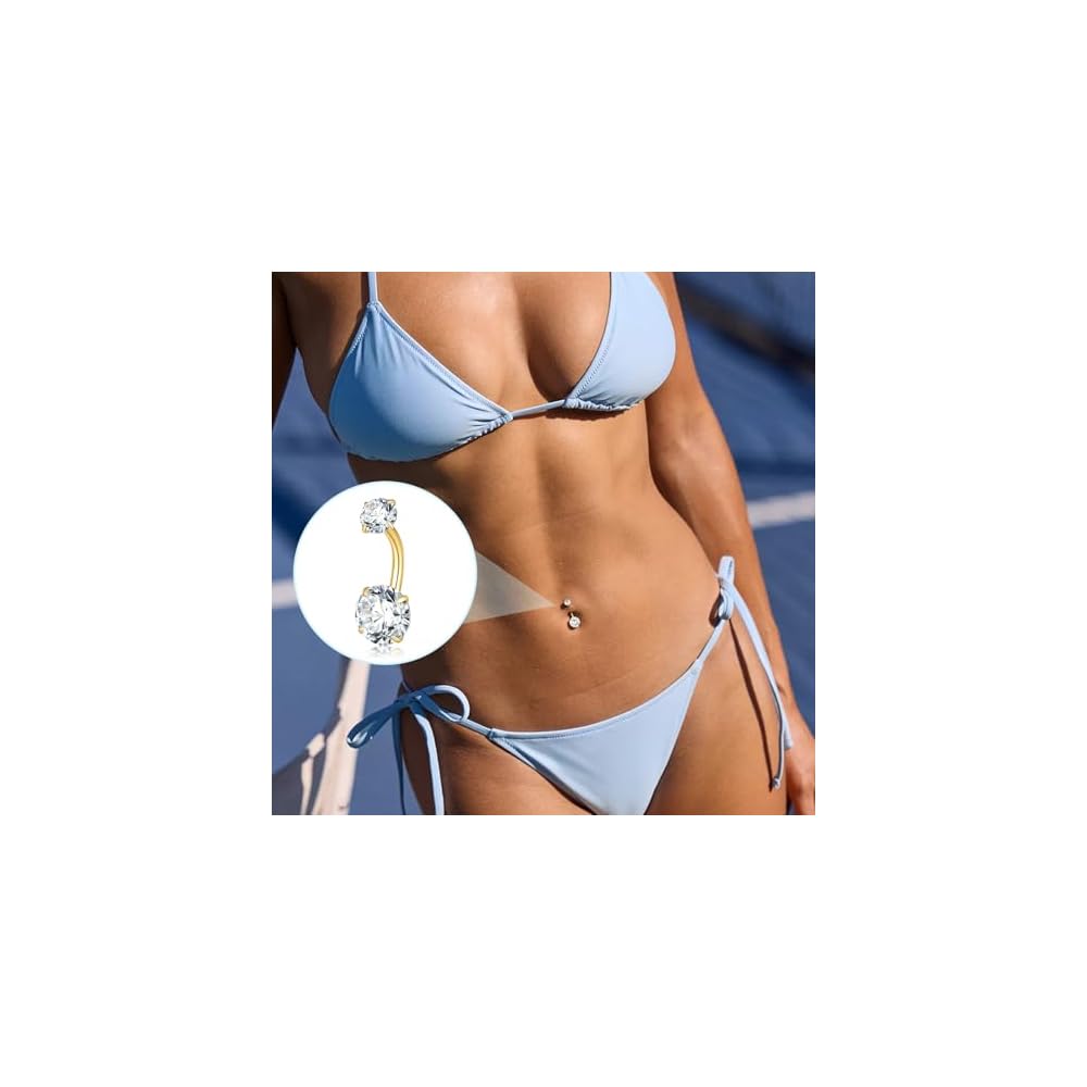 Belly Button Ring Gold Silver, 14G Navel Piercing Hypoallergenic Surgical Steel Belly Button Rings for Women Men Internally Threaded Small Navel Rings with CZ 8mm 10mm Short Navel Jewelry