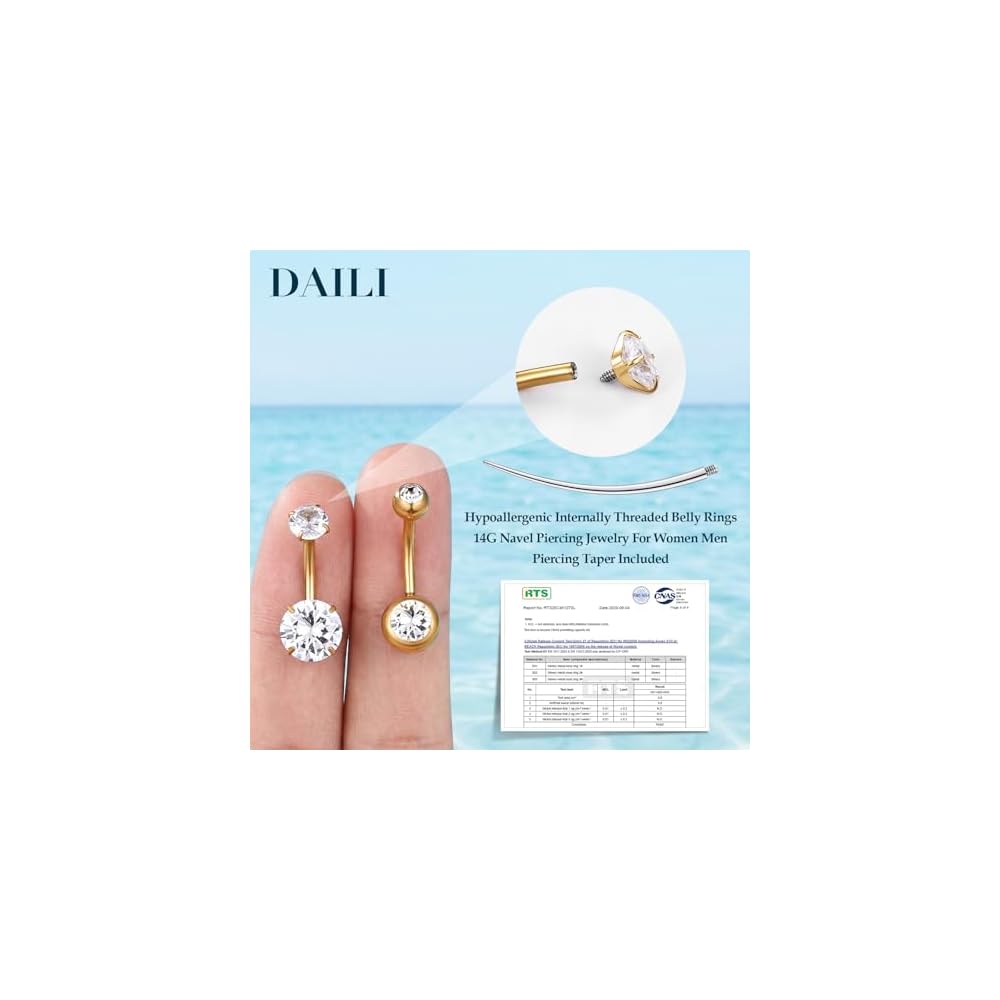 Belly Button Ring Gold Silver, 14G Navel Piercing Hypoallergenic Surgical Steel Belly Button Rings for Women Men Internally Threaded Small Navel Rings with CZ 8mm 10mm Short Navel Jewelry