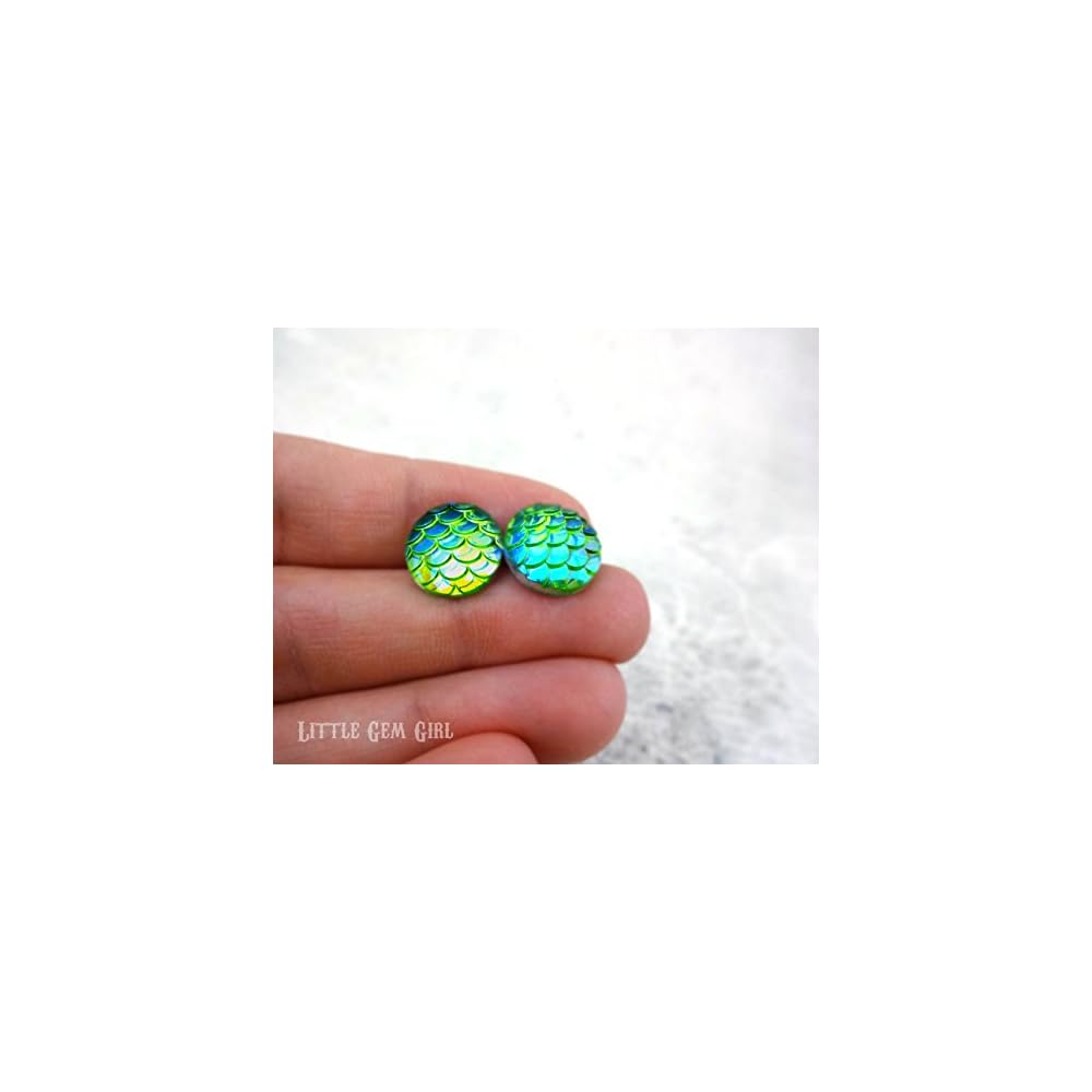 Mint Green Iridescent Rainbow Mermaid Scale Stud Earrings 12mm