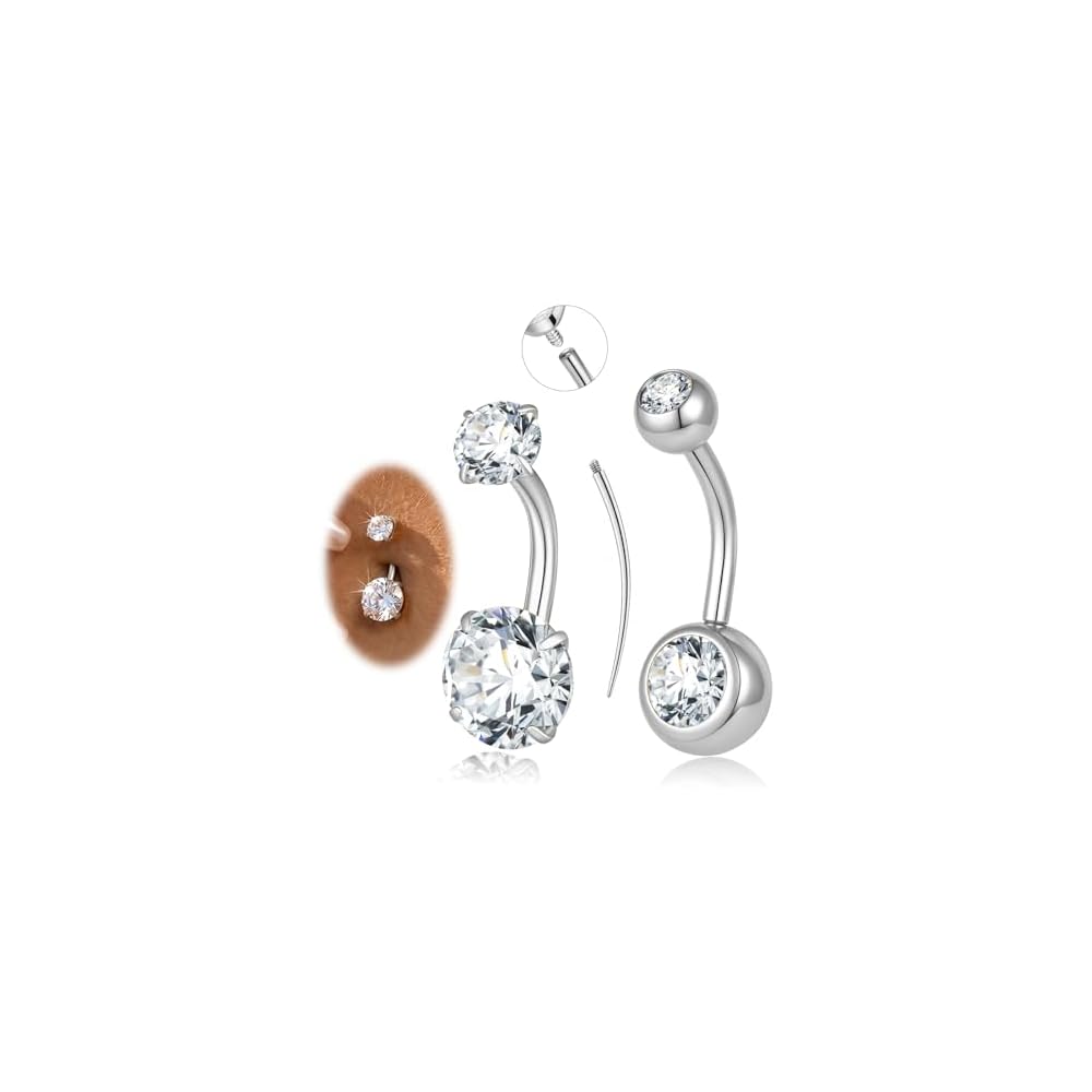 Belly Button Ring Gold Silver, 14G Navel Piercing Hypoallergenic Surgical Steel Belly Button Rings for Women Men Internally Threaded Small Navel Rings with CZ 8mm 10mm Short Navel Jewelry