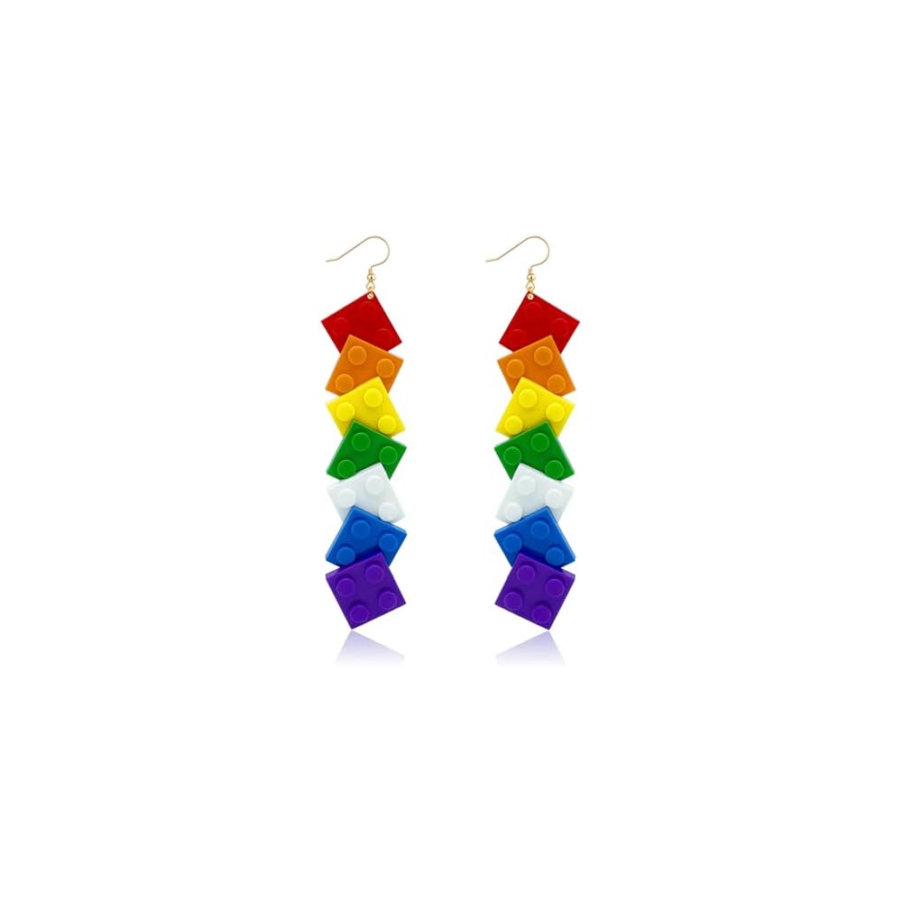 Rainbow Toy Bricks Earrings for Women Girls DIY Acrylic Drop Dangle Earrings Unisex Rainbow Jewelry Pride Day Accessories Gifts
