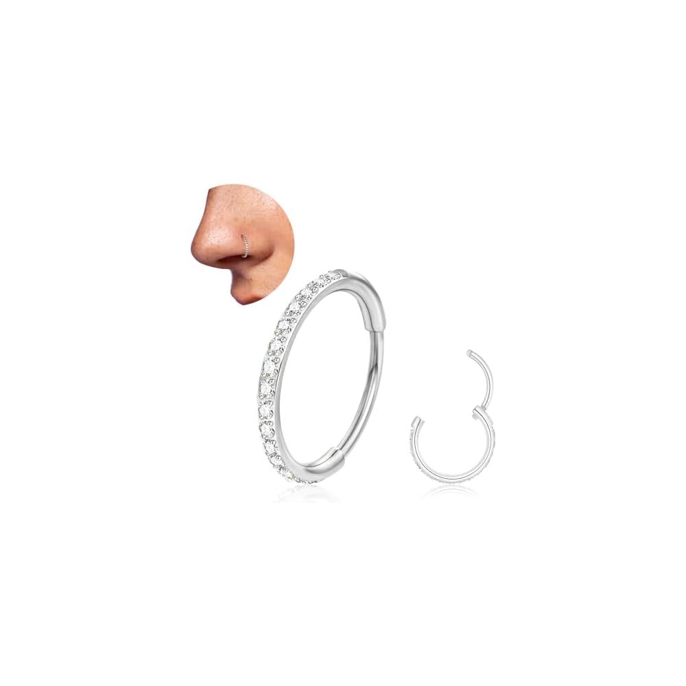 20G 18G Titanium Nose Ring Hoop, Cartilage Hoop Earrings for Women Men, Hinged Silver Gold CZ Nose Ring Upper Ear Tragus Daith Conch Helix Septum Nose Piercing Jewelry 6/8/10mm