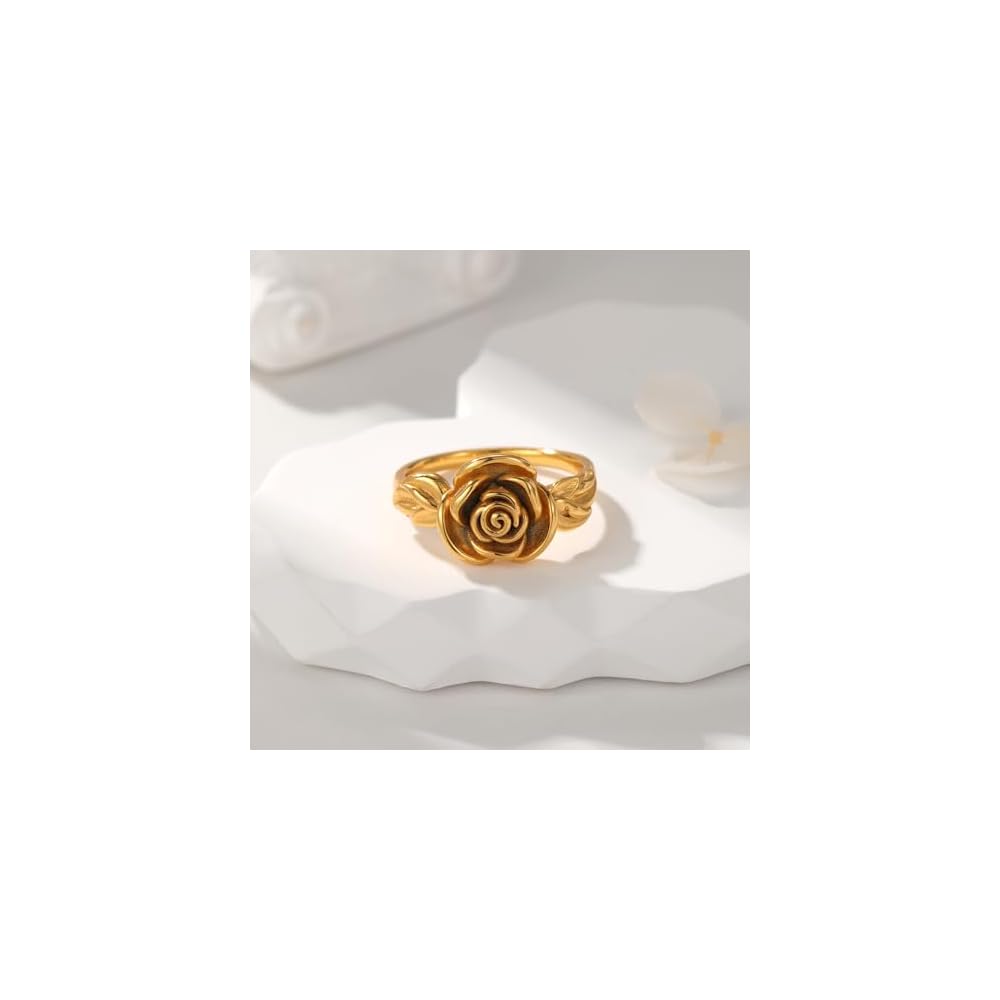 Rose Flower Ring – 18K Gold Plated Women’s Ring, Romantic Floral Jewelry, Vintage Rose Design, Elegant Promise Anniversary Jewelry Birthday or Valentine’s Day Gift for Her