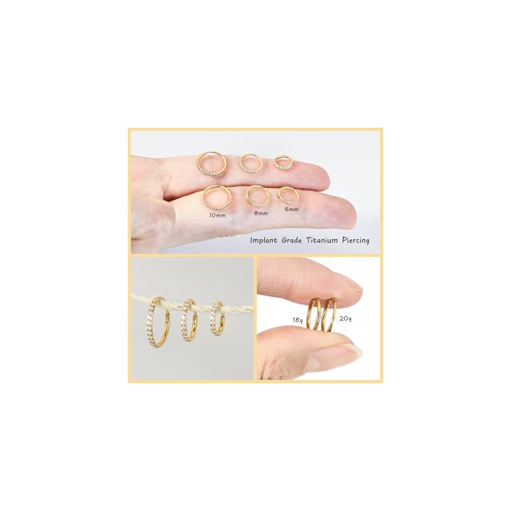 20G 18G Titanium Nose Ring Hoop, Cartilage Hoop Earrings for Women Men, Hinged Silver Gold CZ Nose Ring Upper Ear Tragus Daith Conch Helix Septum Nose Piercing Jewelry 6/8/10mm