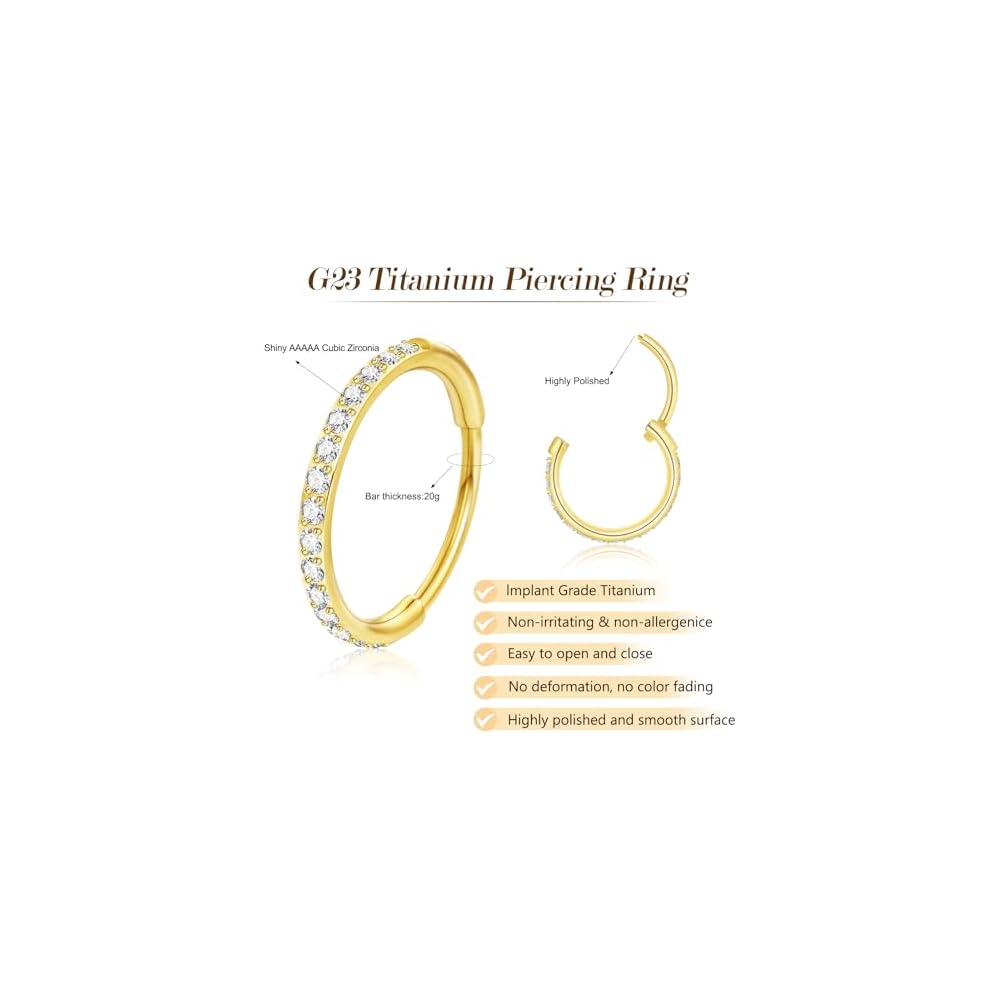 20G 18G Titanium Nose Ring Hoop, Cartilage Hoop Earrings for Women Men, Hinged Silver Gold CZ Nose Ring Upper Ear Tragus Daith Conch Helix Septum Nose Piercing Jewelry 6/8/10mm