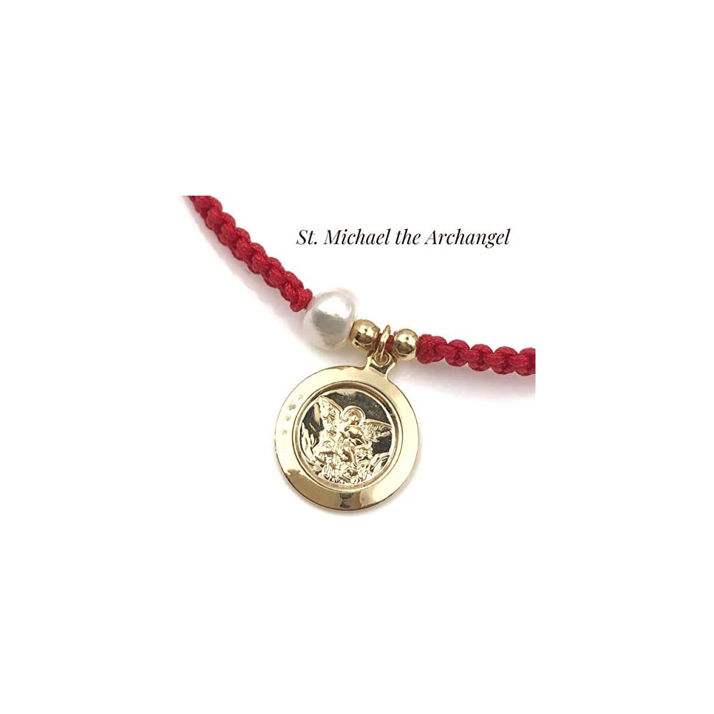 Handwoven Red Thread with Saint Michael Archangel Medal and Cultured Fresh Water Pearl - Catholic Protection Bracelet Adjustable Size for Women