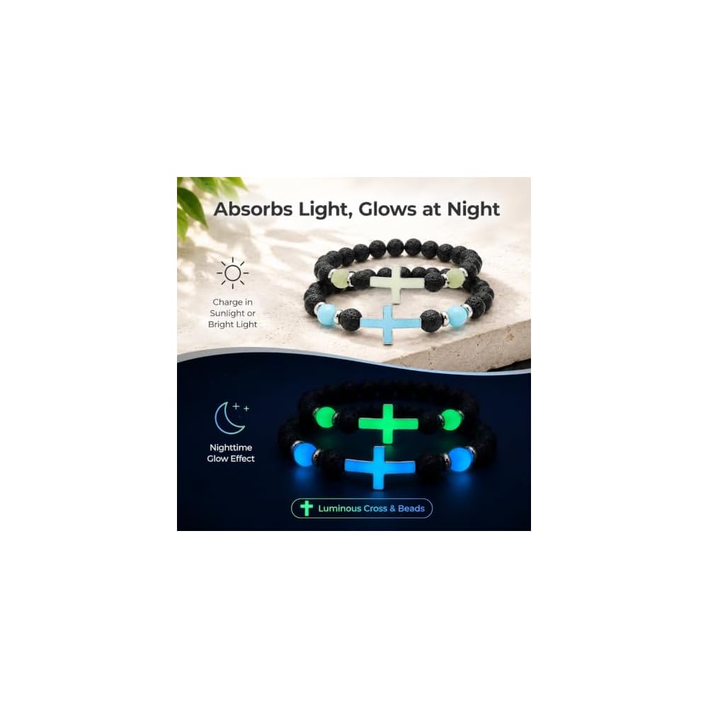2-Pack Men's Cross Bracelet, Handmade Glow Lava Stone Beaded Set