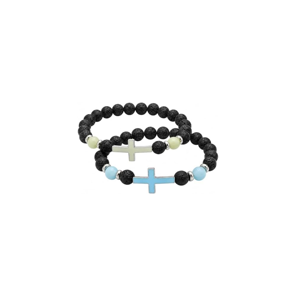 2-Pack Men's Cross Bracelet, Handmade Glow Lava Stone Beaded Set