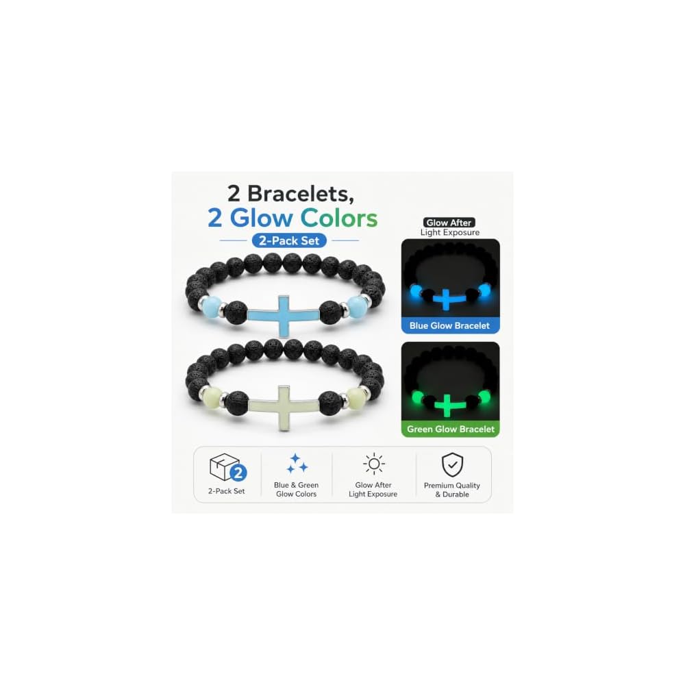 2-Pack Men's Cross Bracelet, Handmade Glow Lava Stone Beaded Set