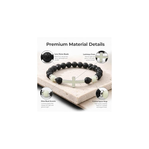 2-Pack Men's Cross Bracelet, Handmade Glow Lava Stone Beaded Set