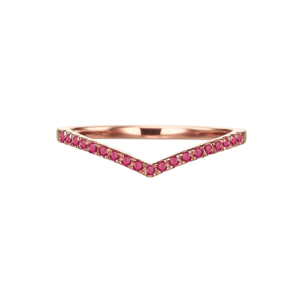 Ruby Wedding Band For Women, 14K Gold Finish Silver V Shape Ring, Chevron Stackable Ruby Band, Matching Wedding Band