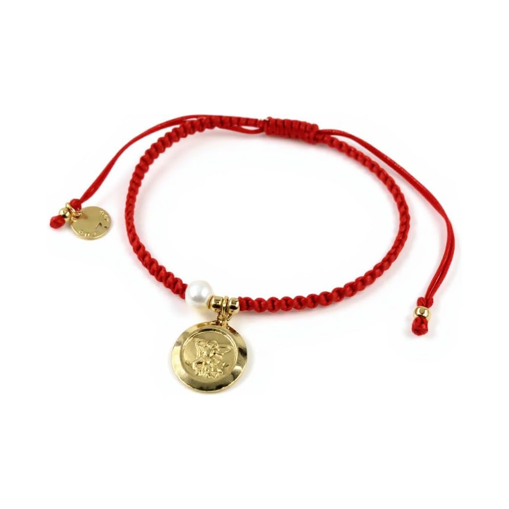 Handwoven Red Thread with Saint Michael Archangel Medal and Cultured Fresh Water Pearl - Catholic Protection Bracelet Adjustable Size for Women