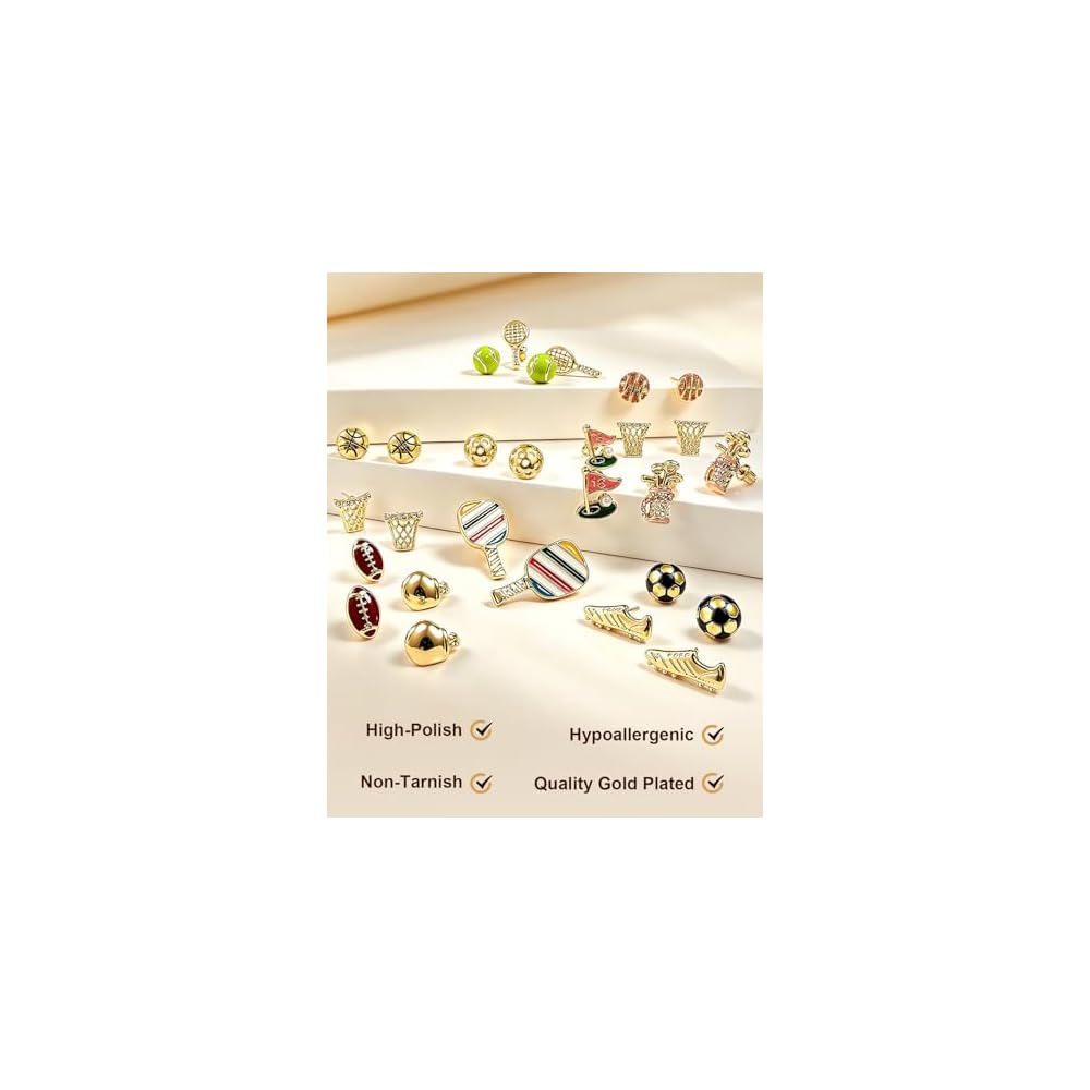 Sports Earrings for Women, 18K Gold Plated Stud Earring Set Jewelry Gifts