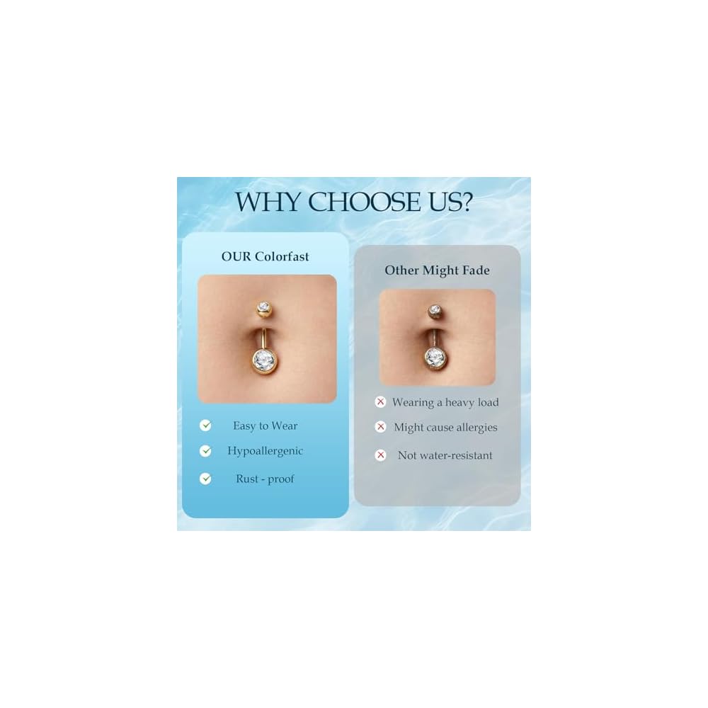 Belly Button Ring Gold Silver, 14G Navel Piercing Hypoallergenic Surgical Steel Belly Button Rings for Women Men Internally Threaded Small Navel Rings with CZ 8mm 10mm Short Navel Jewelry