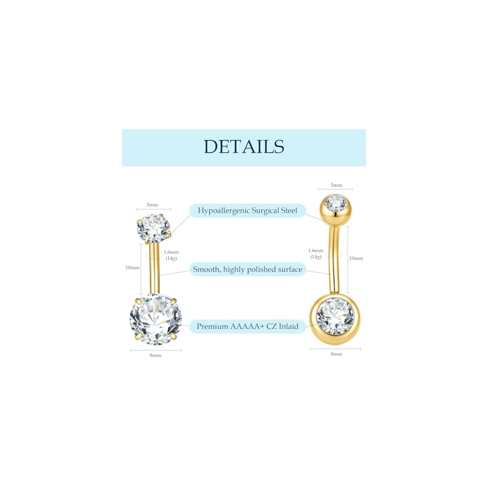 Belly Button Ring Gold Silver, 14G Navel Piercing Hypoallergenic Surgical Steel Belly Button Rings for Women Men Internally Threaded Small Navel Rings with CZ 8mm 10mm Short Navel Jewelry