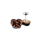 Oktoberfest German Salted Pretzel Nickel Free Hypoallergenic Stud Earrings, Funny Circus Faire Stadium Food Hand Painted Cherry Wood Stud Earrings Jewelry