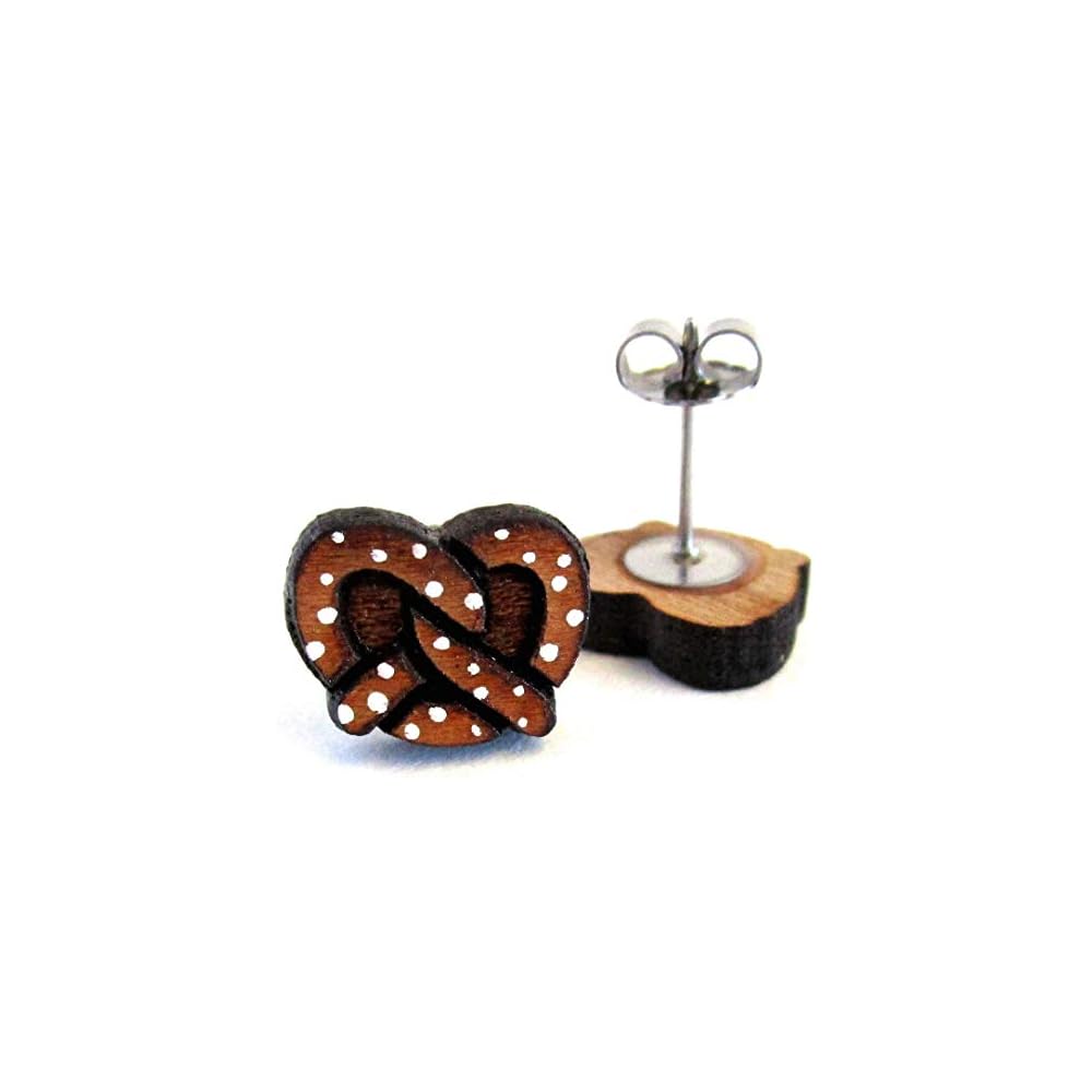 Oktoberfest German Salted Pretzel Nickel Free Hypoallergenic Stud Earrings, Funny Circus Faire Stadium Food Hand Painted Cherry Wood Stud Earrings Jewelry