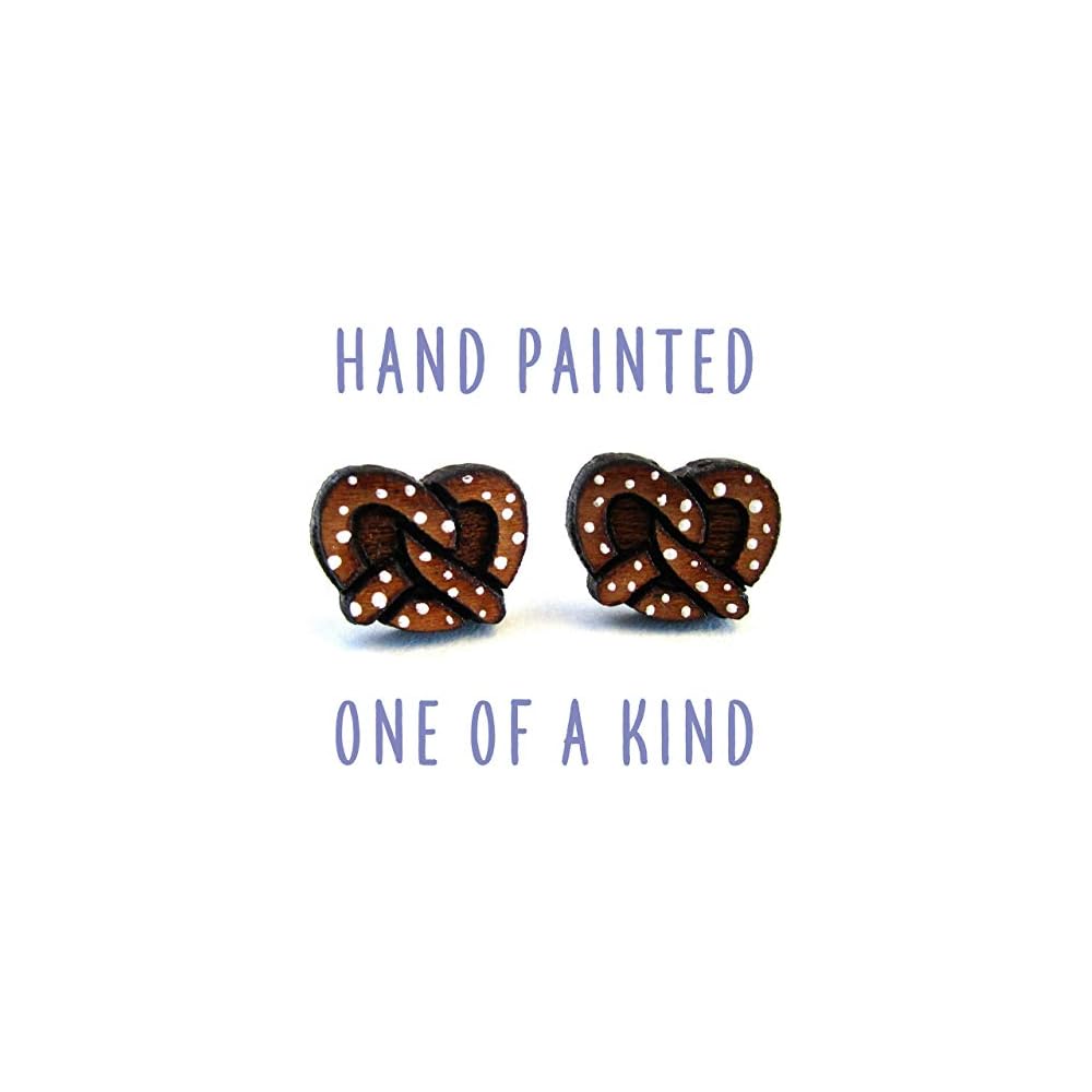 Oktoberfest German Salted Pretzel Nickel Free Hypoallergenic Stud Earrings, Funny Circus Faire Stadium Food Hand Painted Cherry Wood Stud Earrings Jewelry