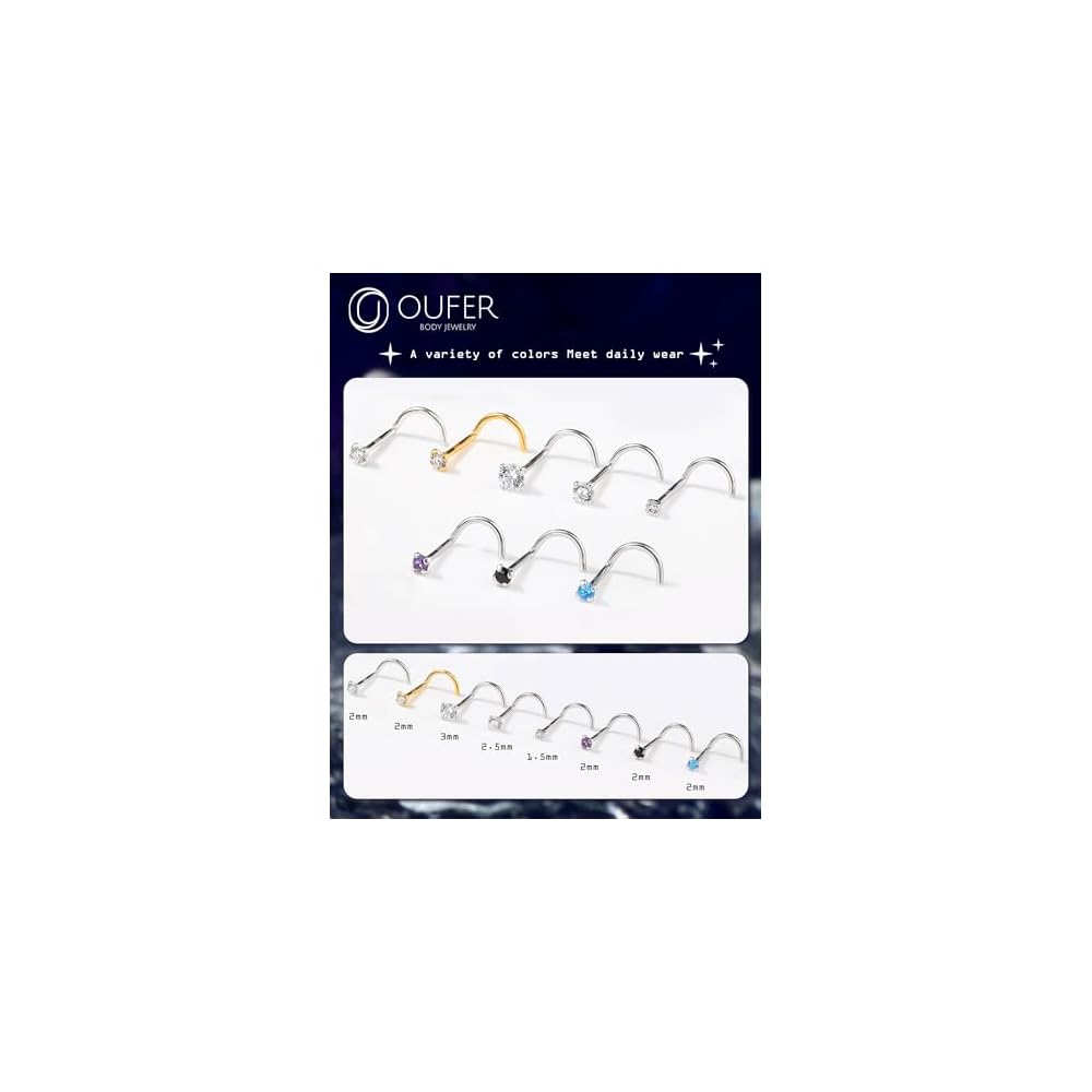 OUFER 925 Sterling Silver Small Nose Rings, 20G Nose Studs, Nostril Nose Piercing Jewelry, Screw Nose Rings For Women Men, Hypoallergenic Nose Rings Studs with Tiny CZ Diamond