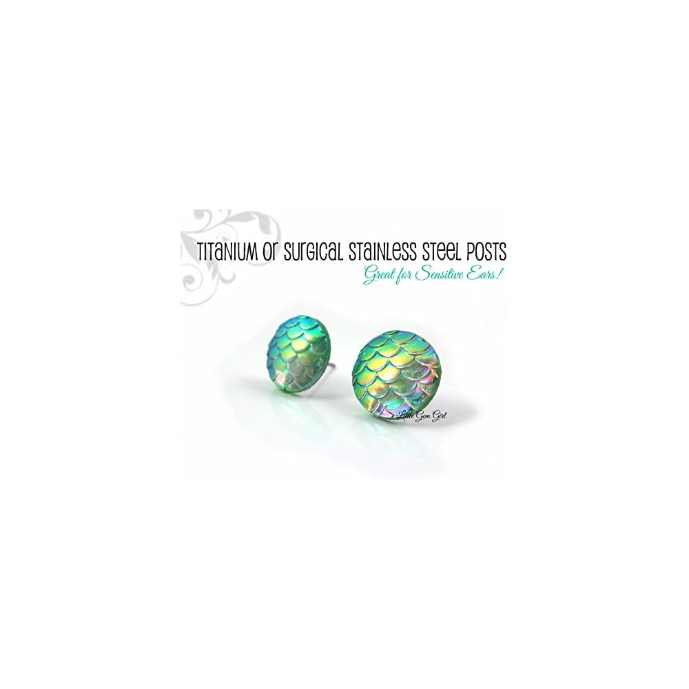 Mint Green Iridescent Rainbow Mermaid Scale Stud Earrings 12mm
