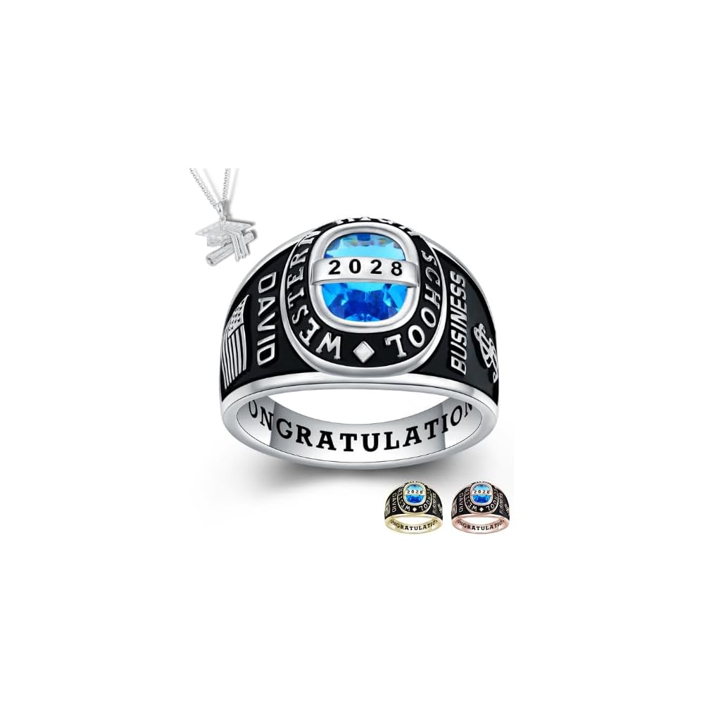 PJM Mementos Made in USA Customized Class Rings 925 Sterling Silver Personalized Women's Men's Class Ring 2026 2027 2028 Custom Graduation Ring High School Graduation