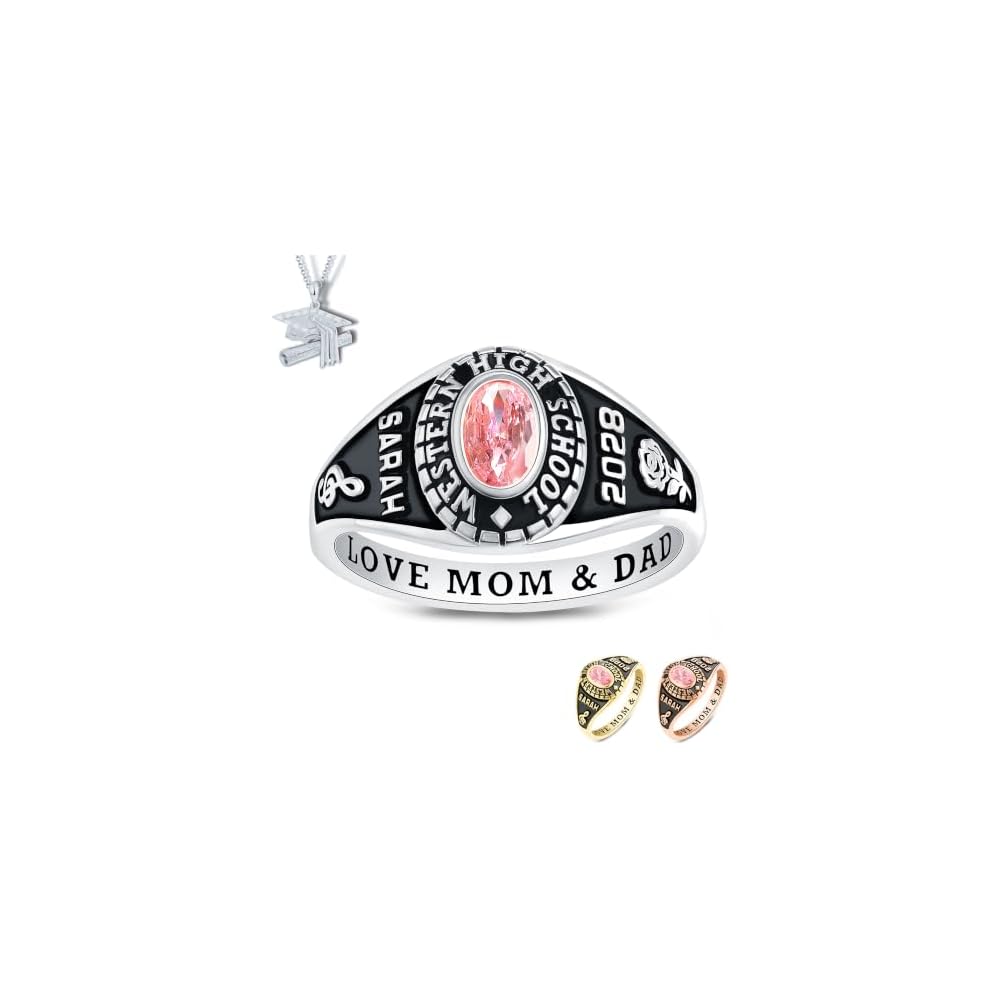 PJM Mementos Made in USA Customized Class Rings 925 Sterling Silver Personalized Women's Men's Class Ring 2026 2027 2028 Custom Graduation Ring High School Graduation