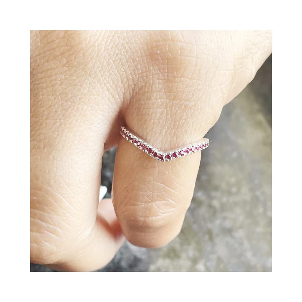 Ruby Wedding Band For Women, 14K Gold Finish Silver V Shape Ring, Chevron Stackable Ruby Band, Matching Wedding Band