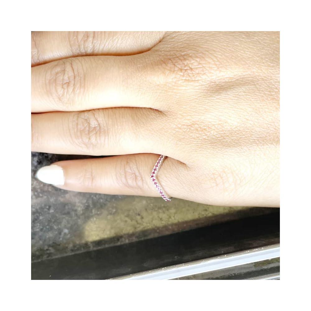 Ruby Wedding Band For Women, 14K Gold Finish Silver V Shape Ring, Chevron Stackable Ruby Band, Matching Wedding Band