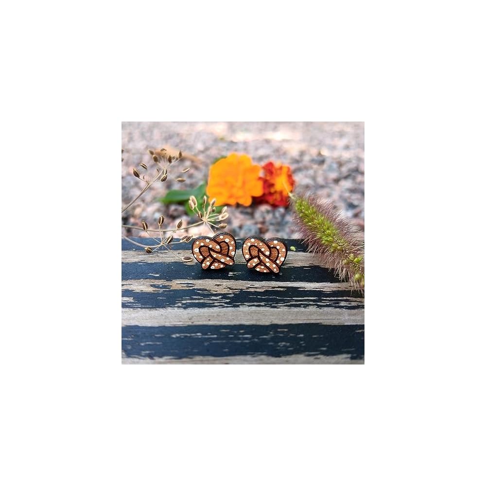 Oktoberfest German Salted Pretzel Nickel Free Hypoallergenic Stud Earrings, Funny Circus Faire Stadium Food Hand Painted Cherry Wood Stud Earrings Jewelry