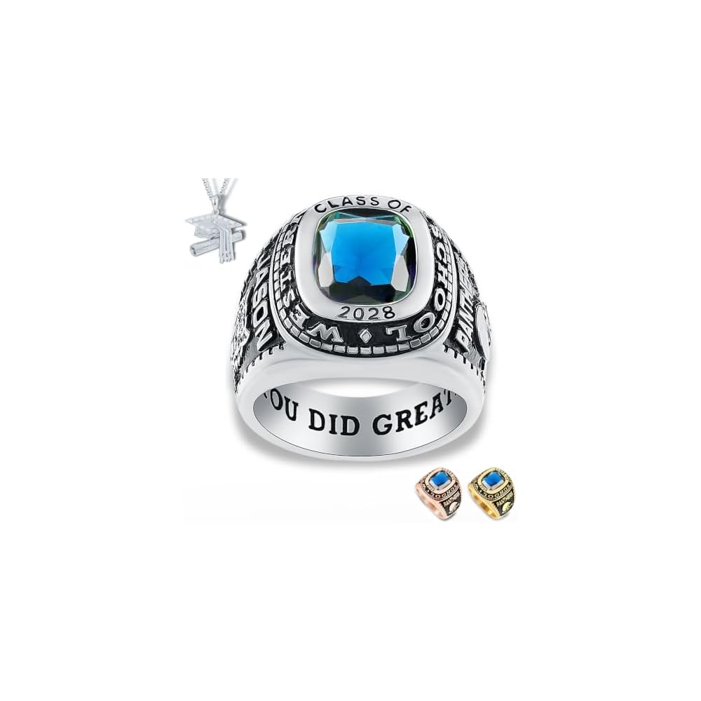PJM Mementos Made in USA Customized Class Rings 925 Sterling Silver Personalized Women's Men's Class Ring 2026 2027 2028 Custom Graduation Ring High School Graduation