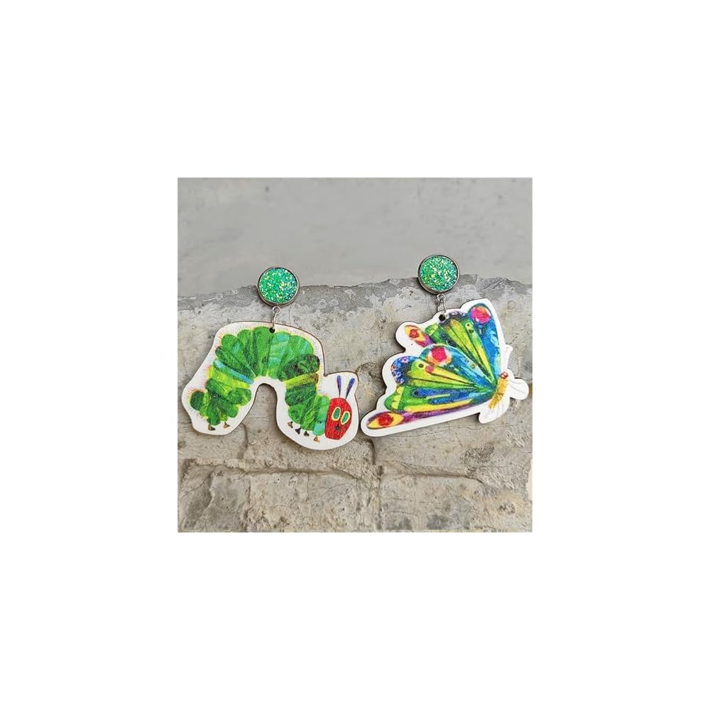 2 Pairs Cute Teacher Earrings for Women Unique Caterpillar Dangle Earrings Handmade Wooden Book Crayons Mouse Earrings Teachers Appreciation Day Gifts