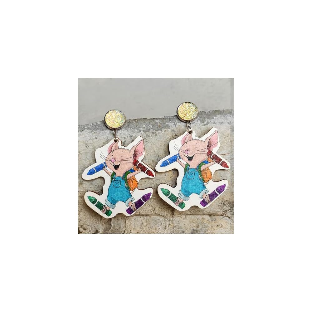 2 Pairs Cute Teacher Earrings for Women Unique Caterpillar Dangle Earrings Handmade Wooden Book Crayons Mouse Earrings Teachers Appreciation Day Gifts