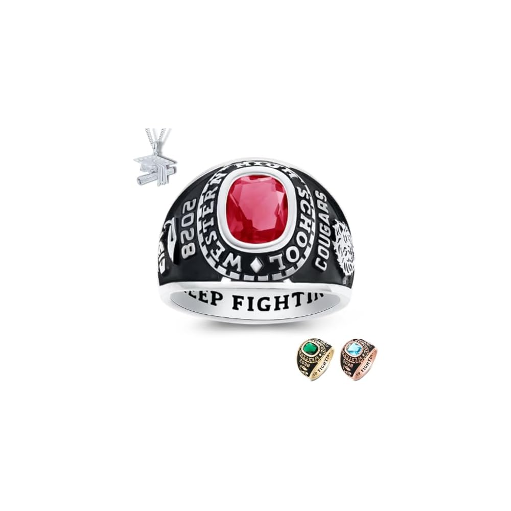 PJM Mementos Made in USA Customized Class Rings 925 Sterling Silver Personalized Women's Men's Class Ring 2026 2027 2028 Custom Graduation Ring High School Graduation