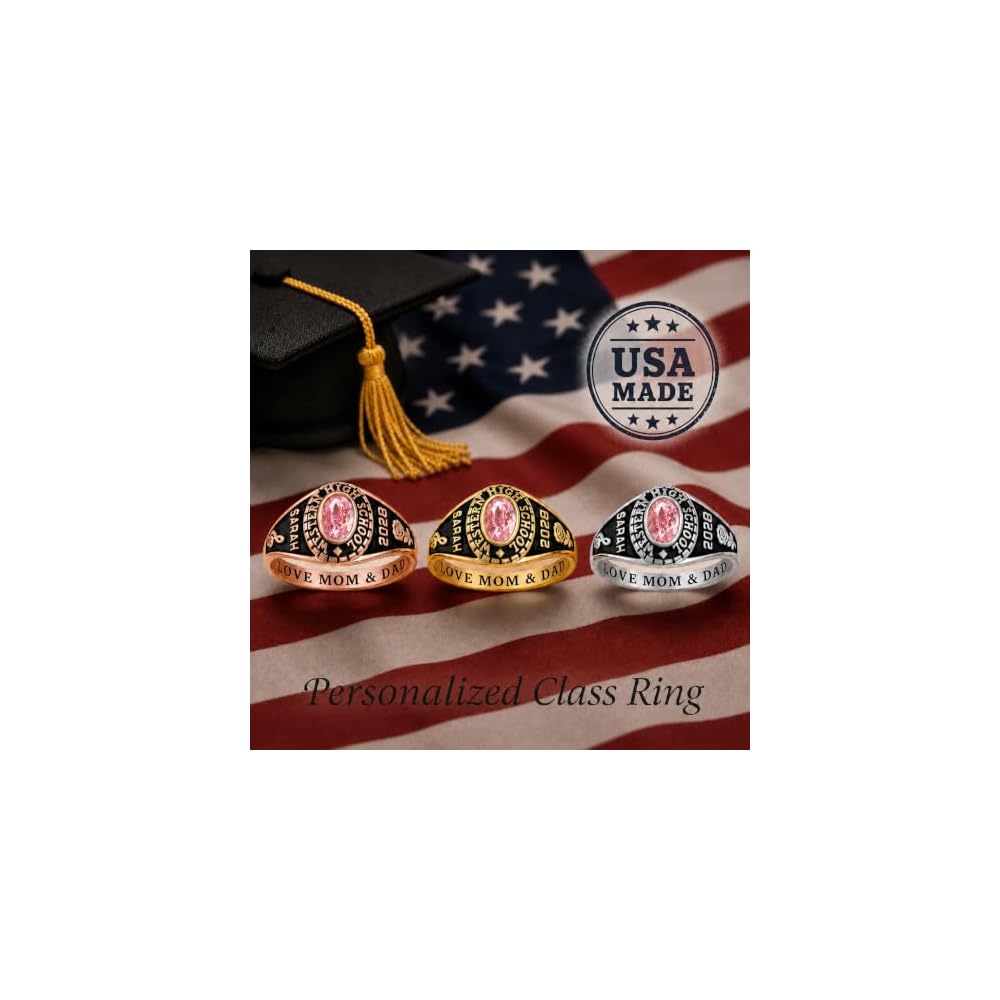 PJM Mementos Made in USA Customized Class Rings 925 Sterling Silver Personalized Women's Men's Class Ring 2026 2027 2028 Custom Graduation Ring High School Graduation