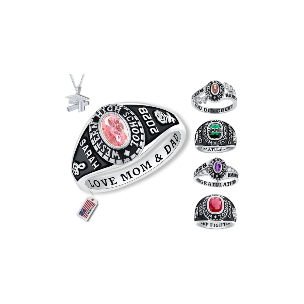 PJM Mementos Made in USA Customized Class Rings 925 Sterling Silver Personalized Women's Men's Class Ring 2026 2027 2028 Custom Graduation Ring High School Graduation