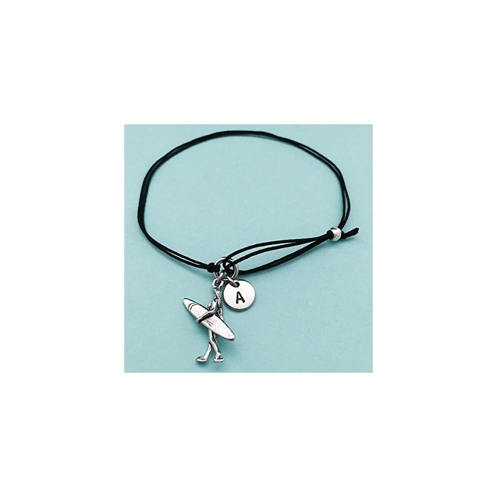 Girl surfer cord bracelet, girl surfer charm bracelet, adjustable bracelet, charm bracelet, personalized bracelet, initial, monogram