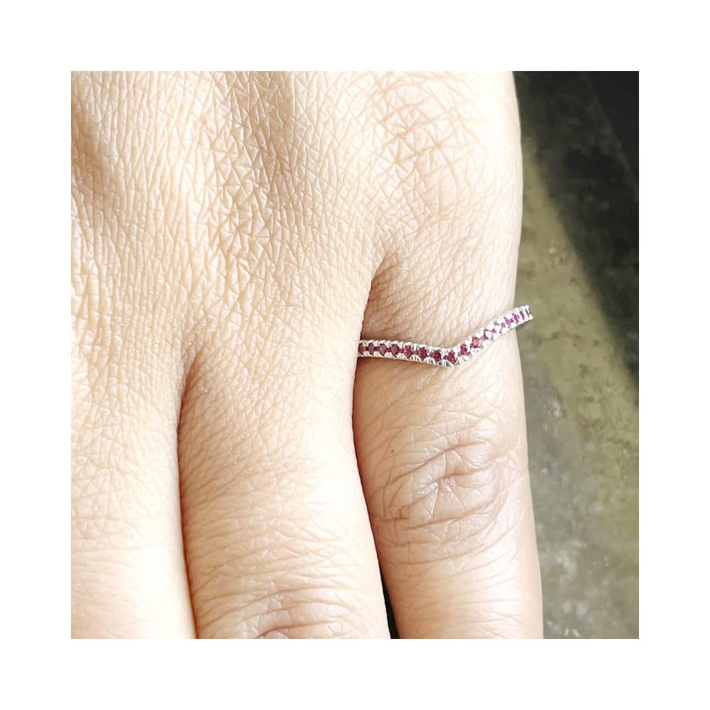 Ruby Wedding Band For Women, 14K Gold Finish Silver V Shape Ring, Chevron Stackable Ruby Band, Matching Wedding Band