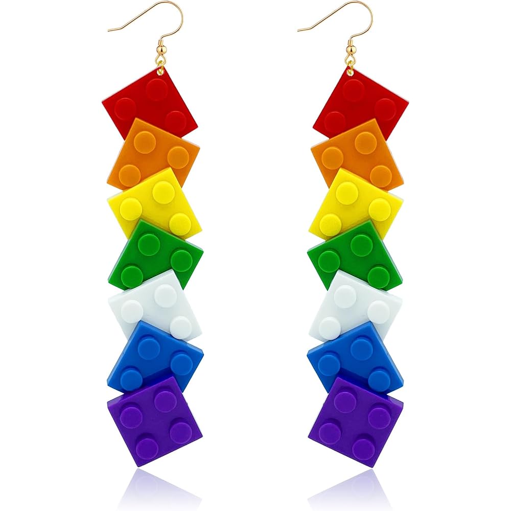 Rainbow Toy Bricks Earrings for Women Girls DIY Acrylic Drop Dangle Earrings Unisex Rainbow Jewelry Pride Day Accessories Gifts