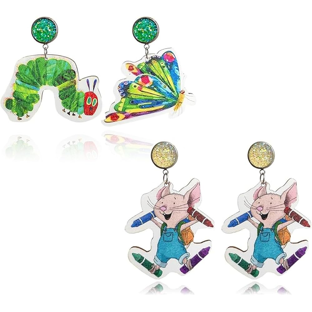 2 Pairs Cute Teacher Earrings for Women Unique Caterpillar Dangle Earrings Handmade Wooden Book Crayons Mouse Earrings Teachers Appreciation Day Gifts