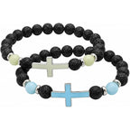 2-Pack Men's Cross Bracelet, Handmade Glow Lava Stone Beaded Set