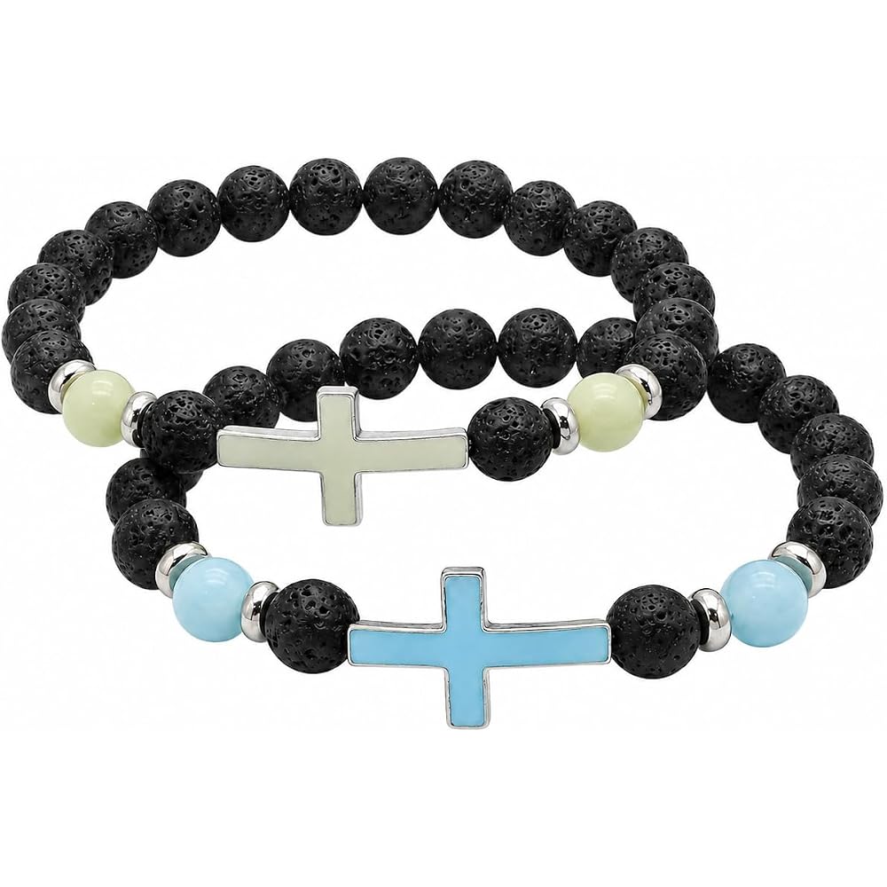 2-Pack Men's Cross Bracelet, Handmade Glow Lava Stone Beaded Set